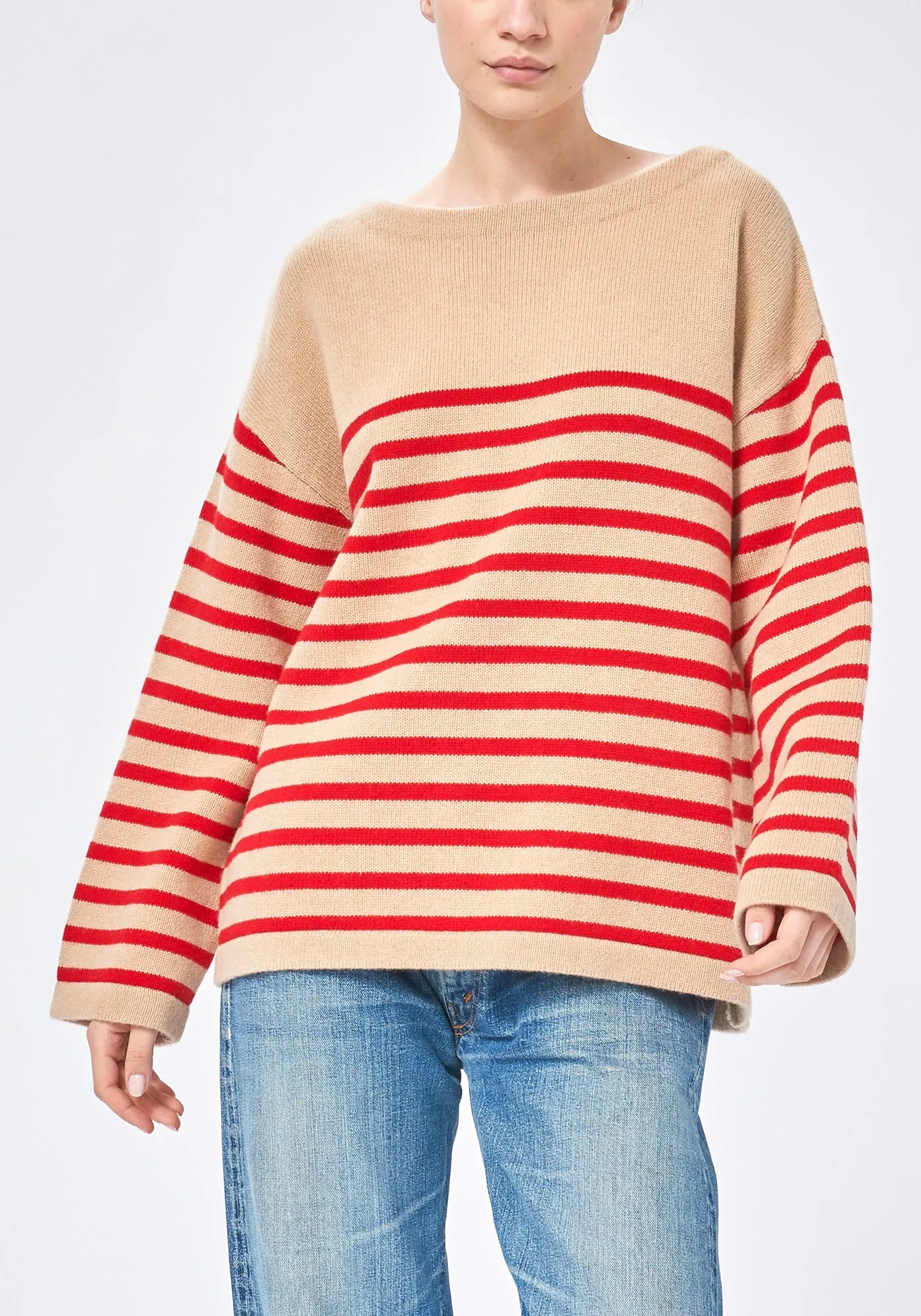 Jadran Merino Wool Stripe Sweater - Biscuit / Scarlet Red sold by DEMYLEE product image thumbnail 2