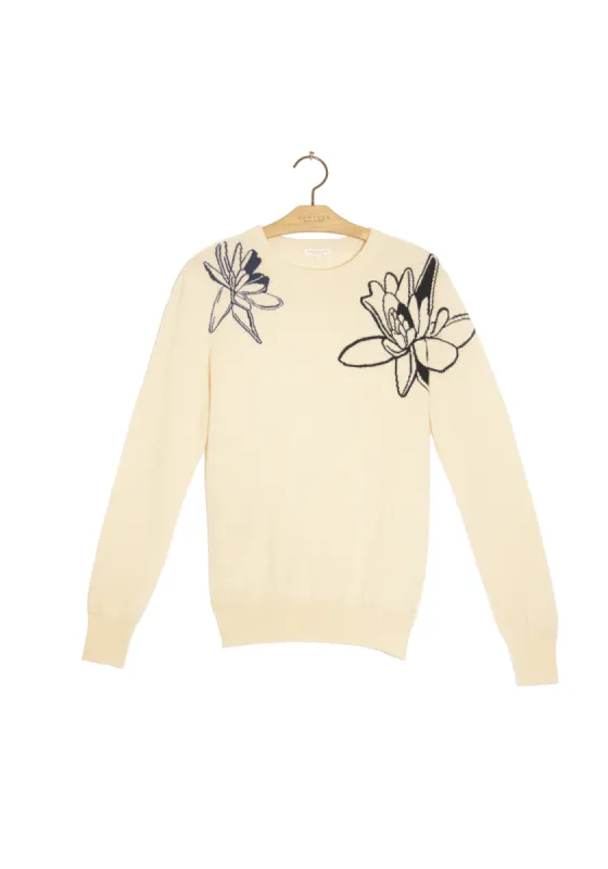 Flower Motif Sweater - Beige / Blue / Navy sold by DEMYLEE