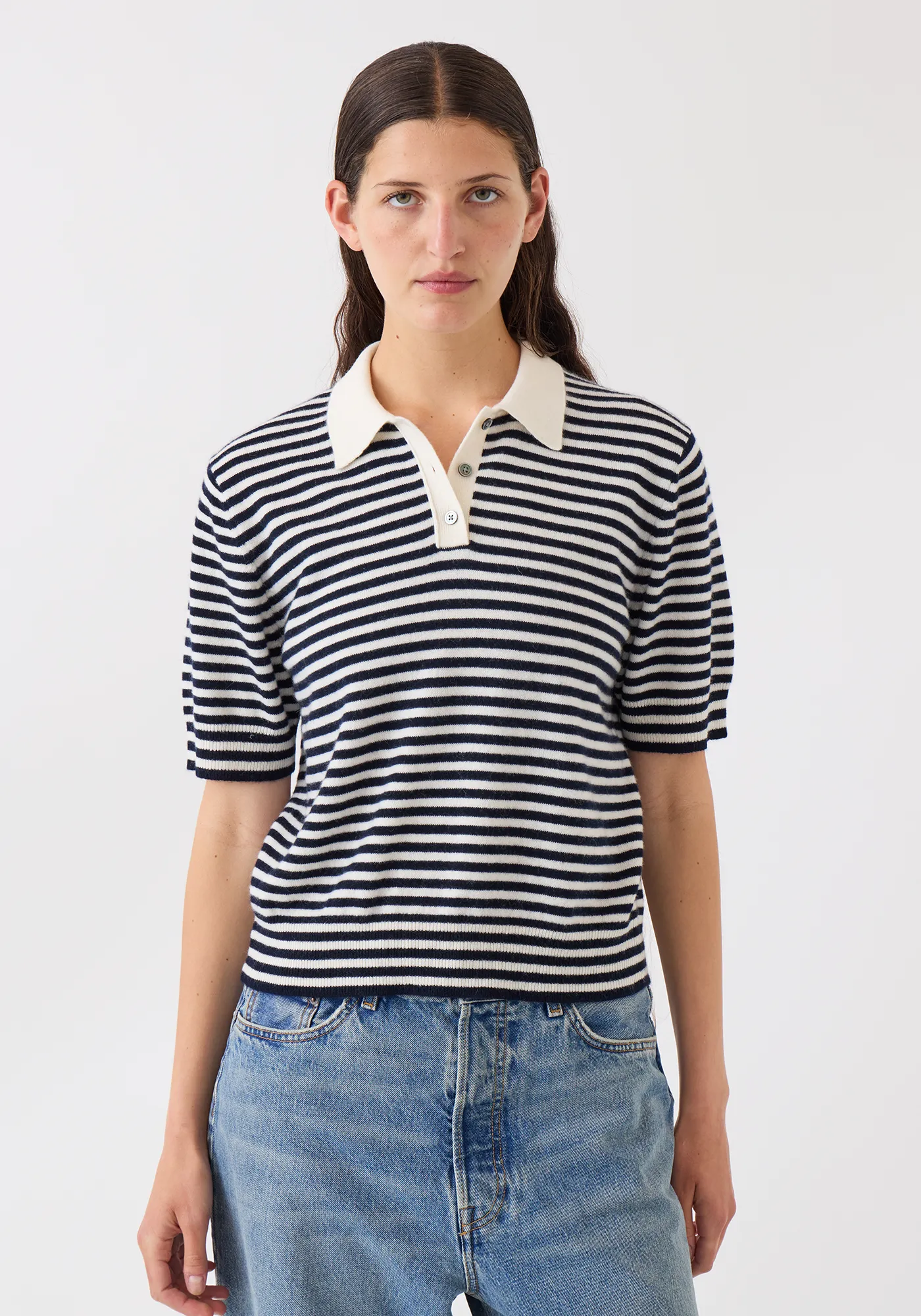 Amelia Stripe Cashmere Polo Top sold by DEMYLEE