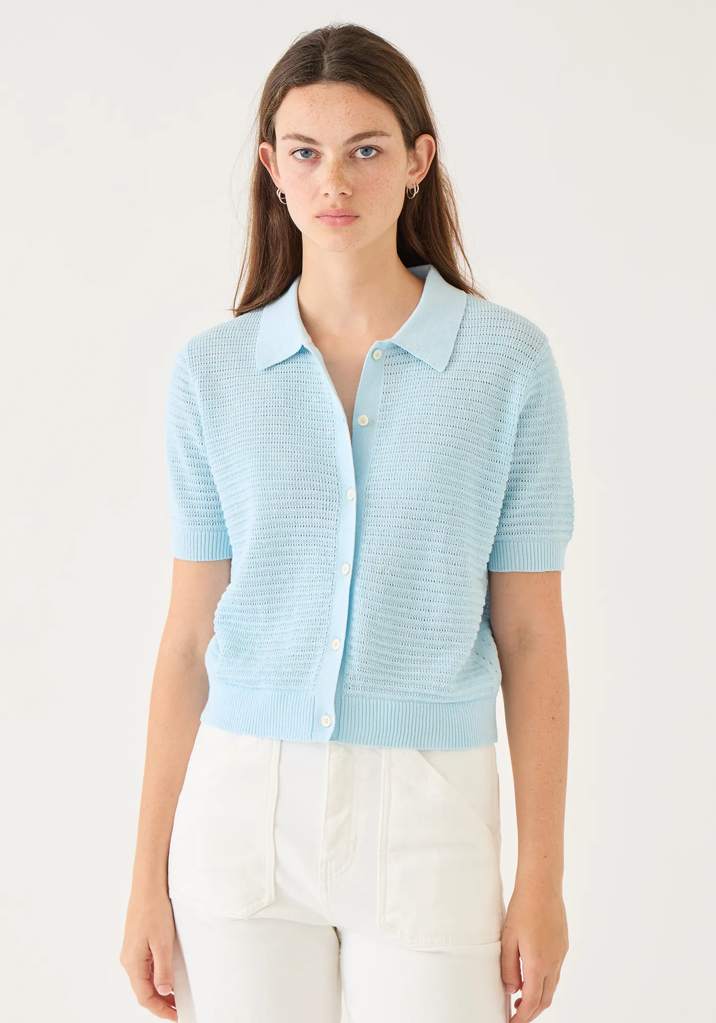 Rachel Pointelle Rib Cotton Polo Top sold by DEMYLEE