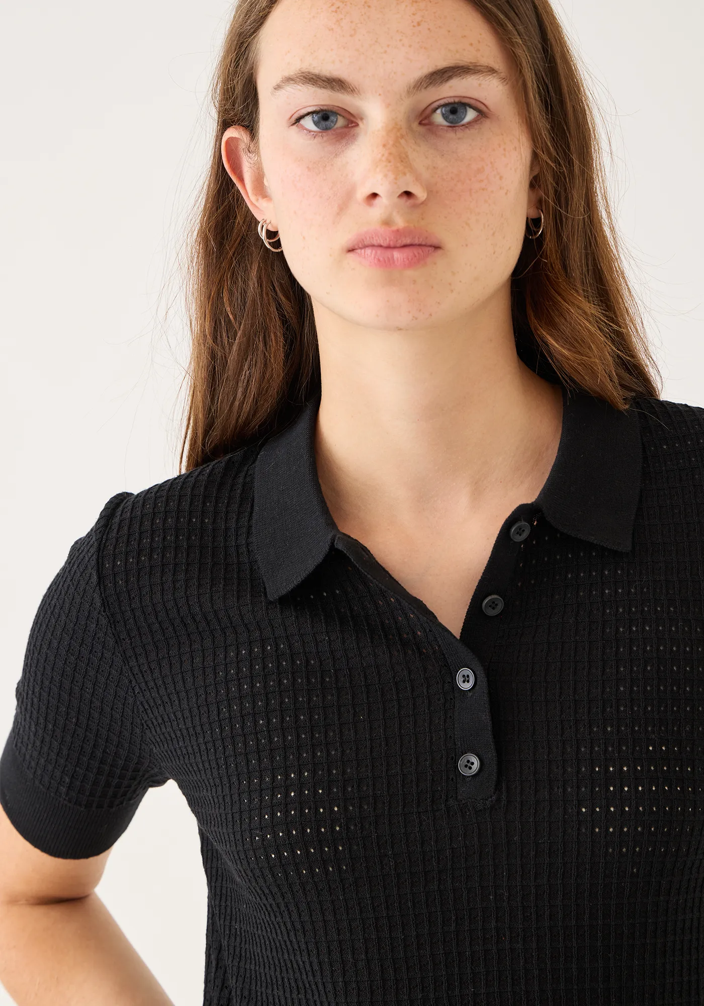 Celia Waffle Pointelle Cotton Polo Top sold by DEMYLEE product image thumbnail 4