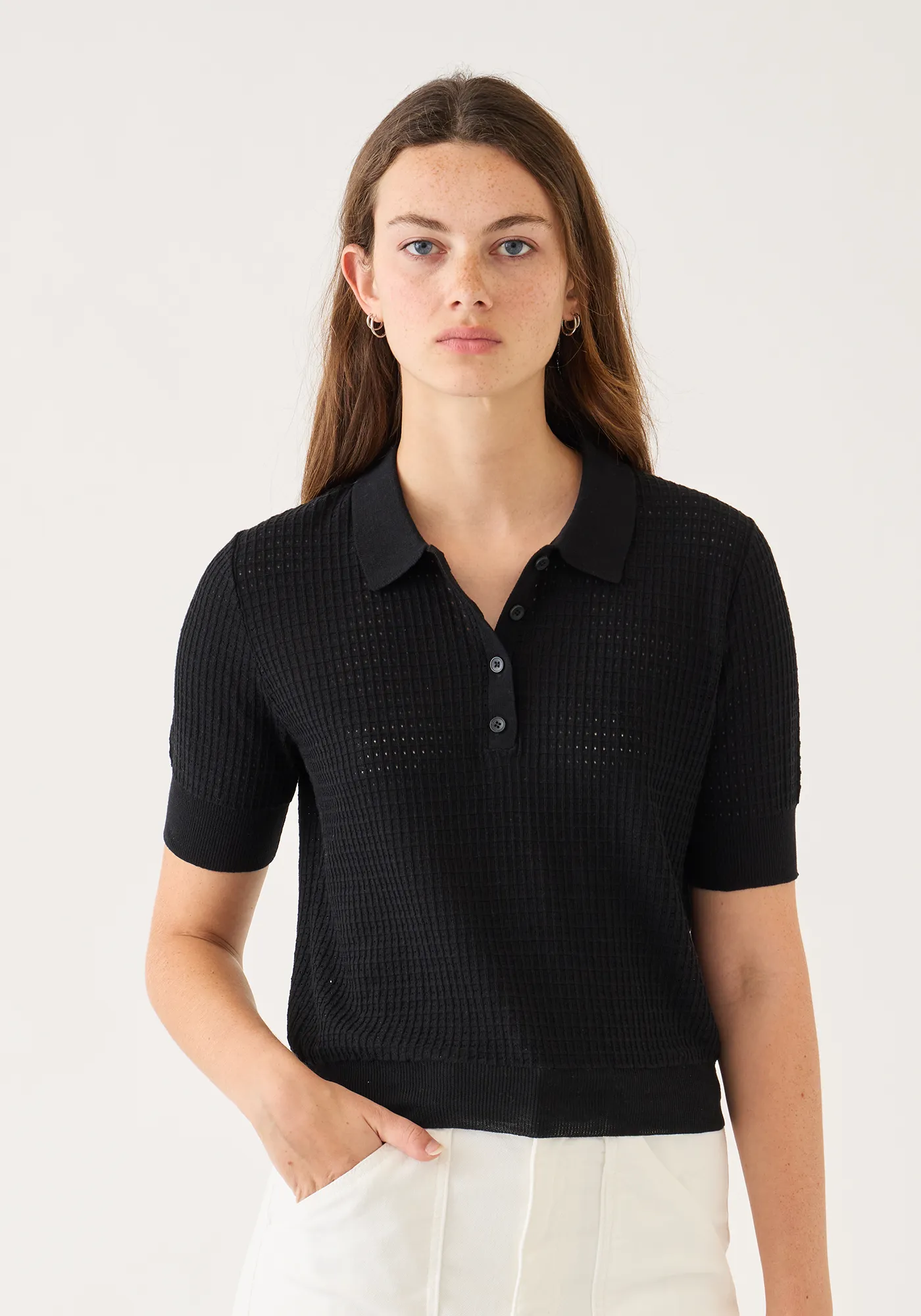 Celia Waffle Pointelle Cotton Polo Top sold by DEMYLEE product image thumbnail 3