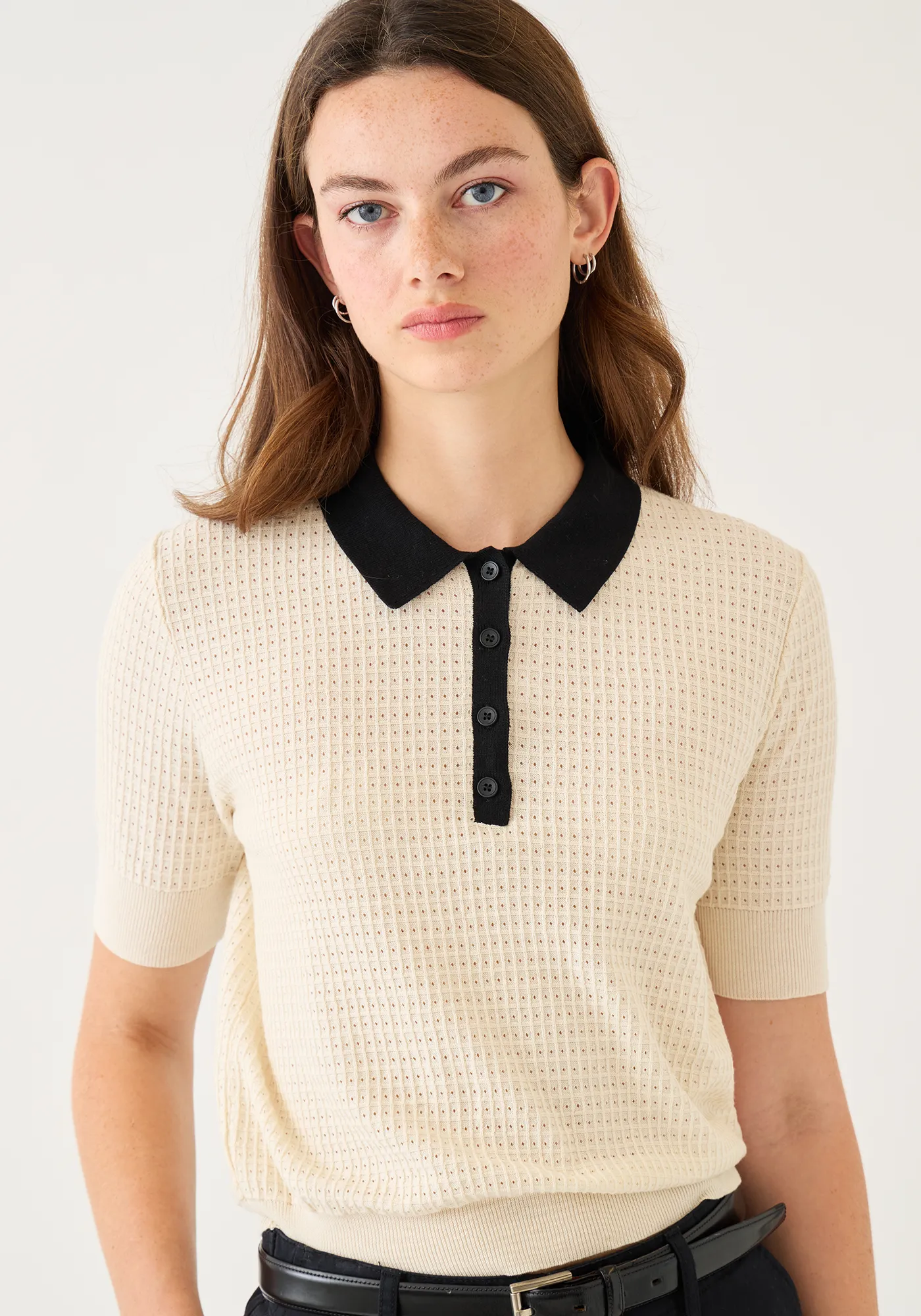 Celia Waffle Pointelle Cotton Polo Top sold by DEMYLEE