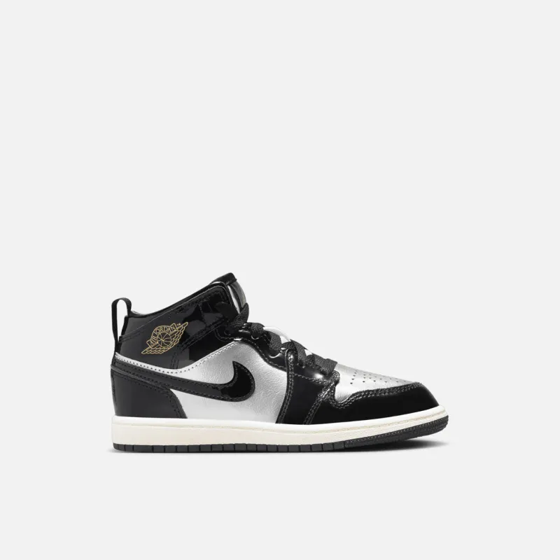 JORDAN 1 MID SE (PS) - BLACK / METALLIC SILVER / METALLIC GOLD sold by Lapstone & Hammer