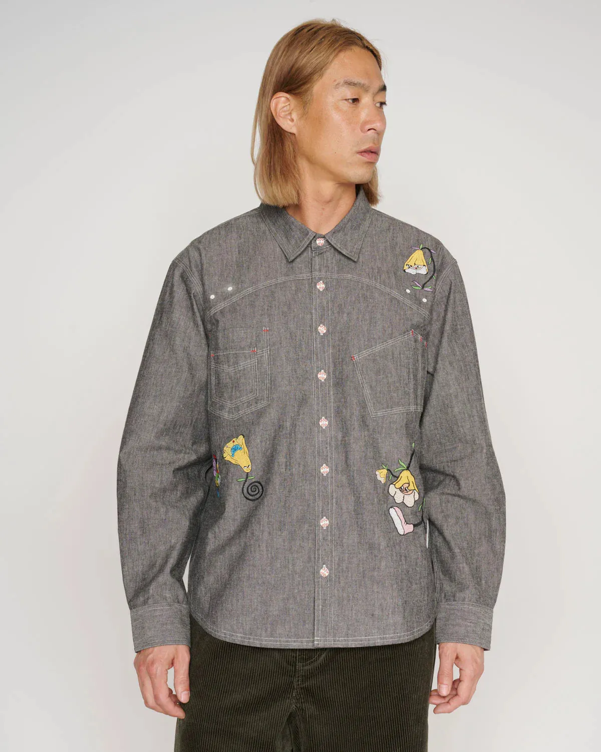 GARDEN PARTY CHAMBRAY BUTTON UP SHIRT - GREY sold by Lapstone & Hammer product image thumbnail 3