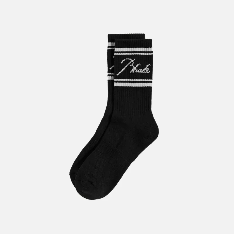 RHUDE SCRIPT LOGO SOCK - BLACK / LIGHT BLUE sold by Lapstone & Hammer
