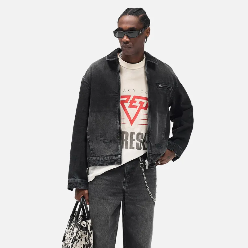 COLLARED DENIM JACKET - AGED BLACK sold by Lapstone & Hammer