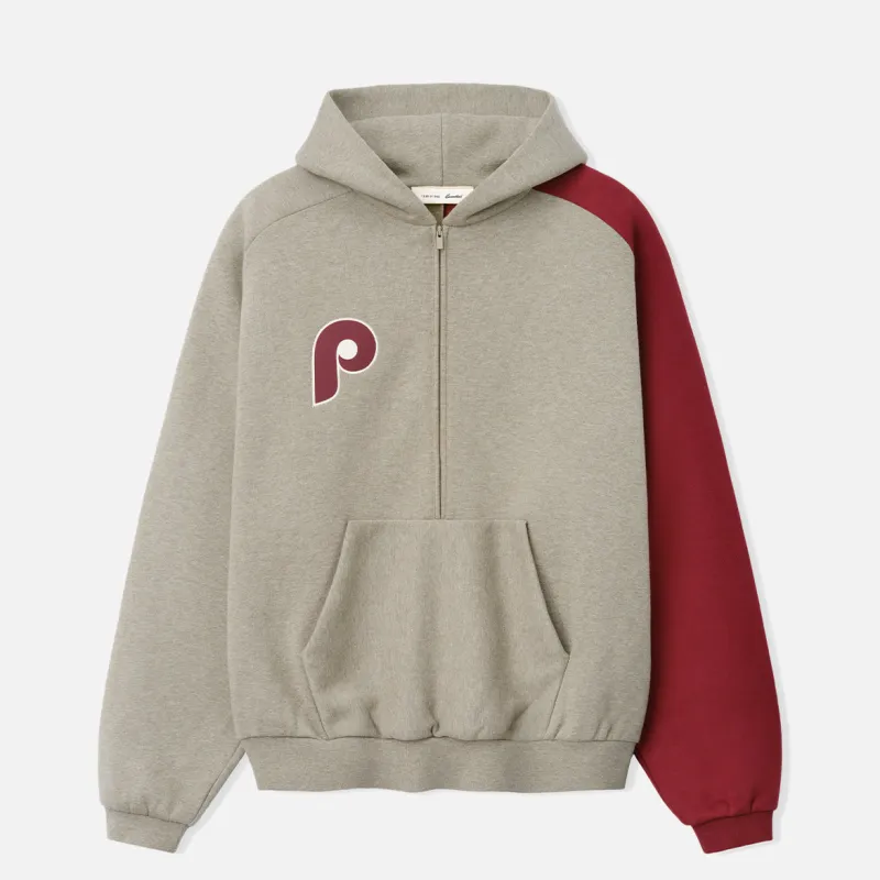 PHILLIES RAGLAN HALF ZIP SPORT HOODIE - SEAL HEATHER / CABERNET made by Fear of God