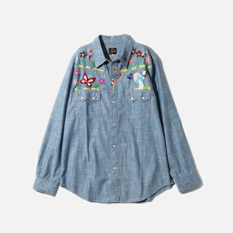 COTTON CHAMBRAY INDIA EMB. WESTERN SHIRT - BLUE sold by Lapstone & Hammer