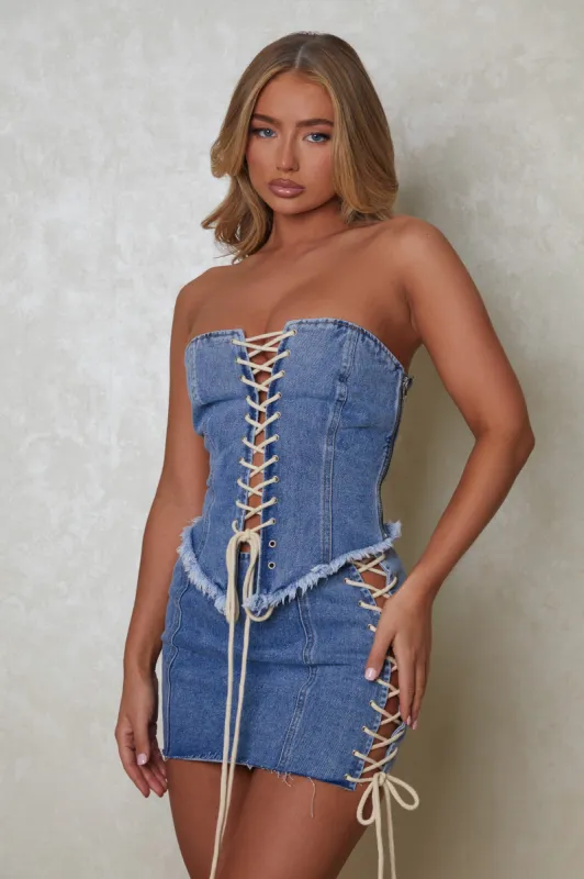 The Denim lace up skirt- Dark wash sold by MARS THE LABEL