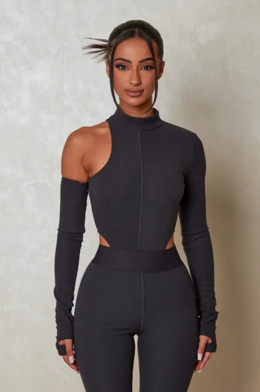 The Signature Asymmetric Bodysuit - Charcoal sold by MARS THE LABEL