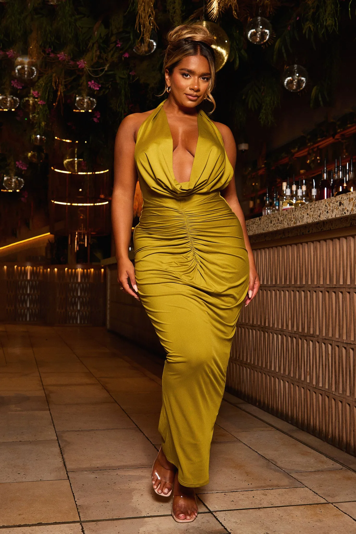 The deep cowl ruched maxi- Olive sold by MARS THE LABEL