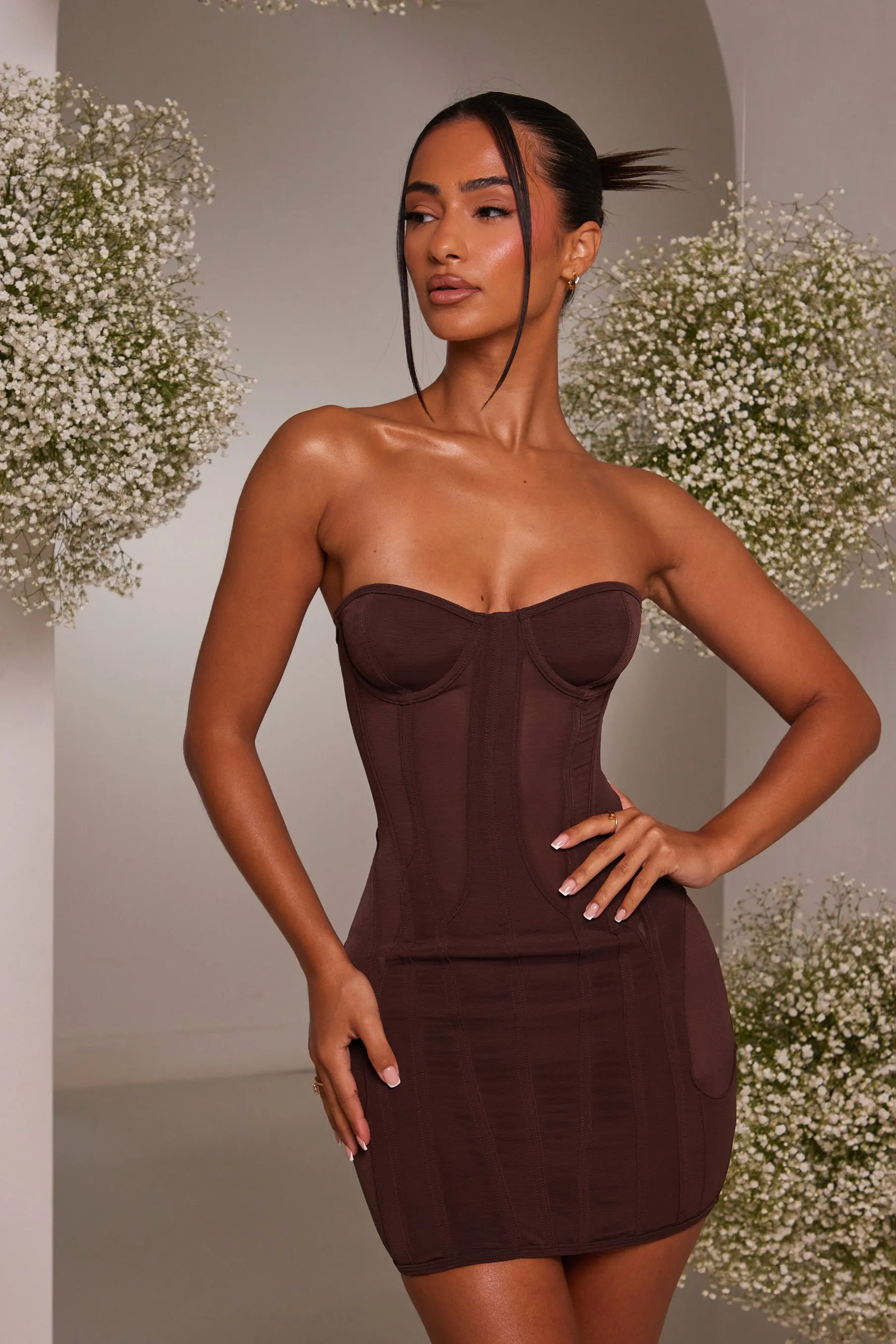 The mesh panel body dress - Brown sold by MARS THE LABEL