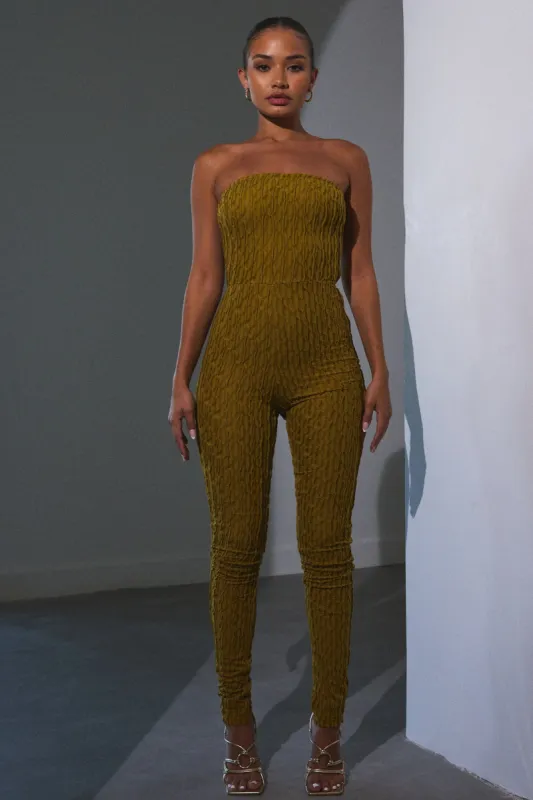 The textured bandeau jumpsuit- Olive sold by MARS THE LABEL