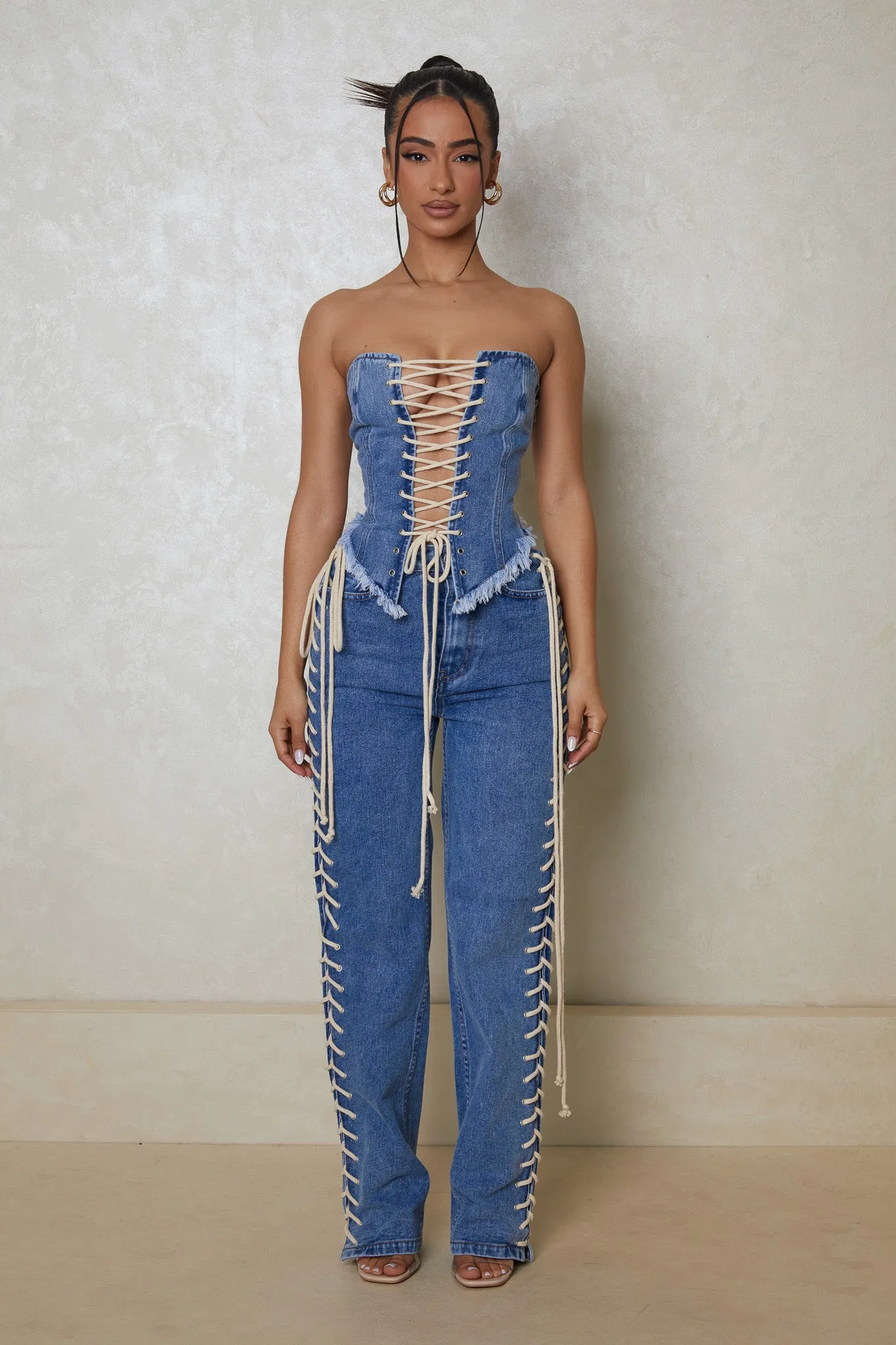 The Denim Lace up jeans- Dark wash sold by MARS THE LABEL