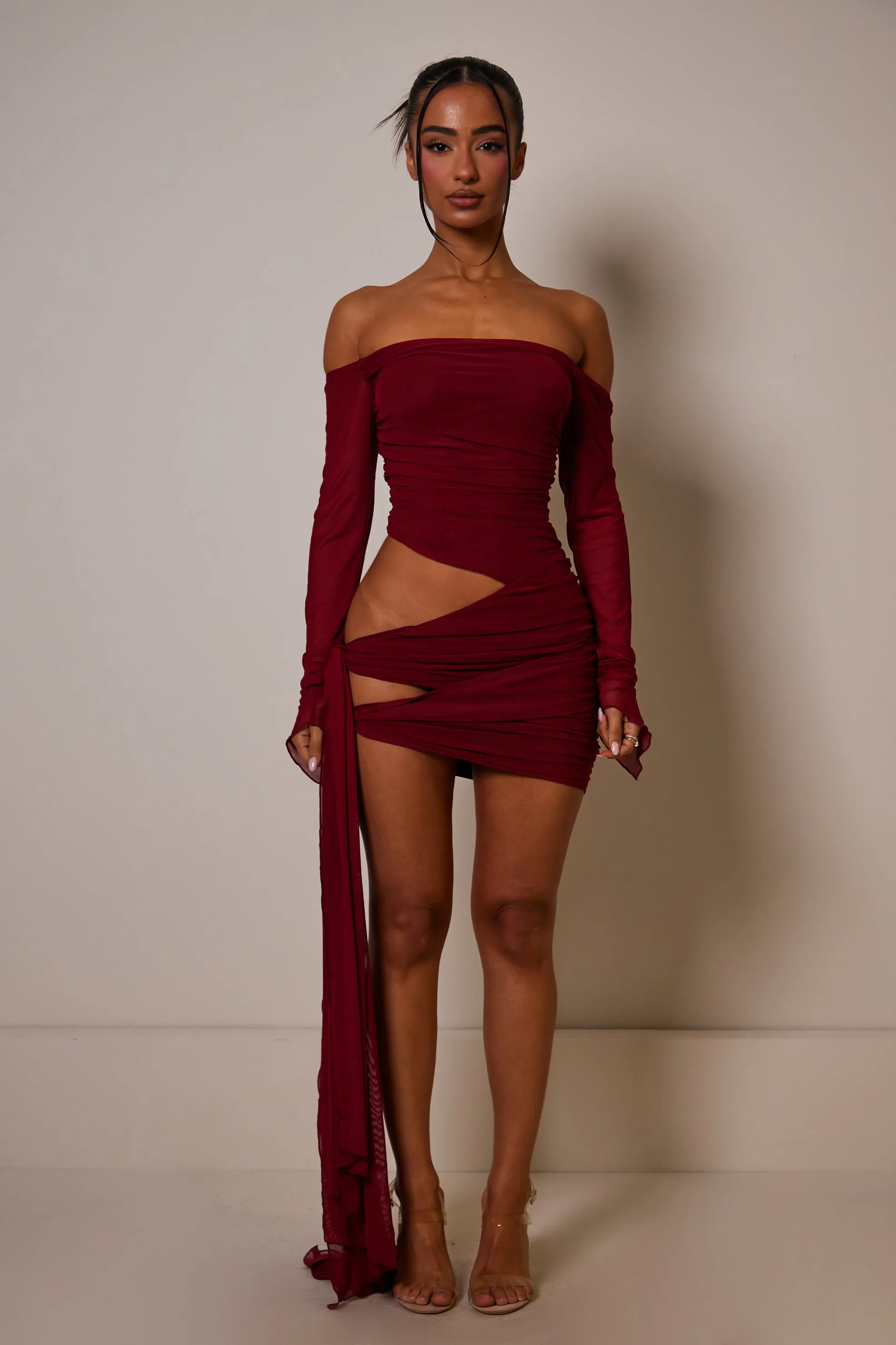 The off shoulder cut out mesh mini- Red sold by MARS THE LABEL