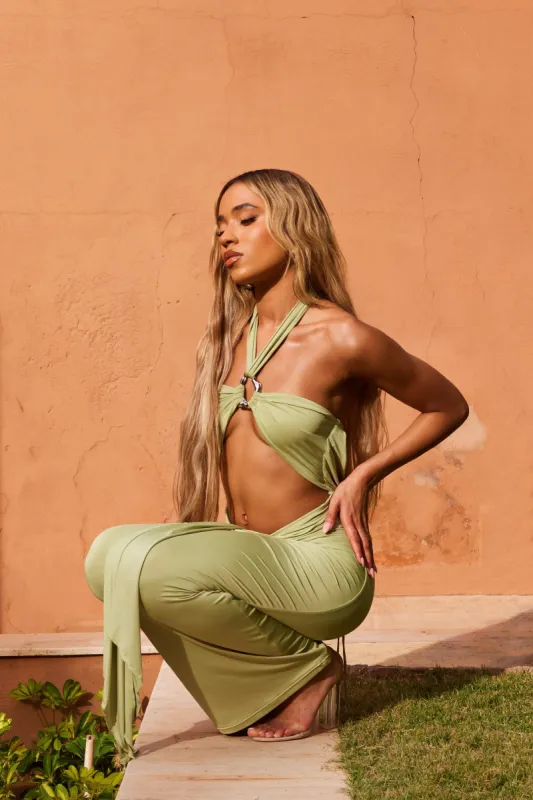 The pleated halter maxi dress- Sage sold by MARS THE LABEL