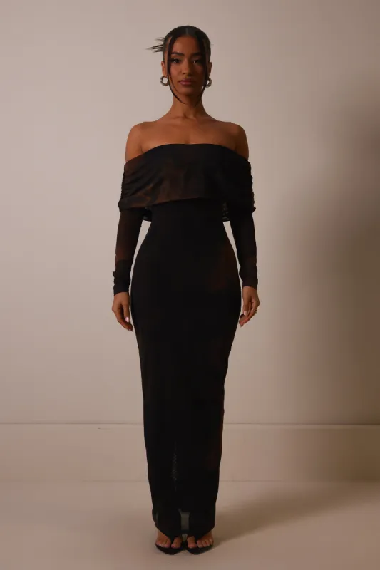 The off shoulder mesh midaxi- Abstract brown print sold by MARS THE LABEL