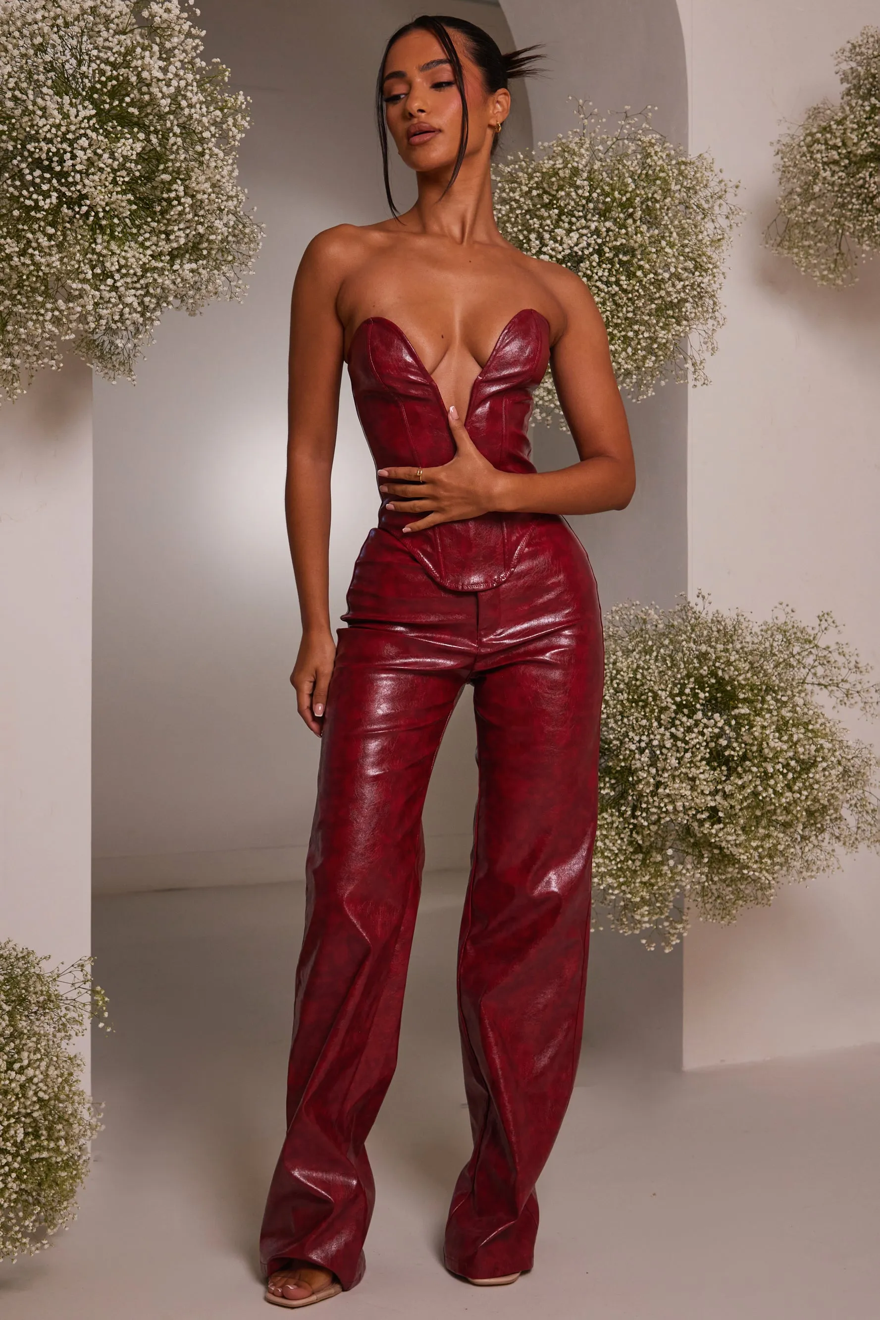 The Deep cut leather corset- Deep Red sold by MARS THE LABEL