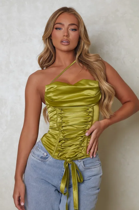 The Asymmetric lace up corset- Green sold by MARS THE LABEL