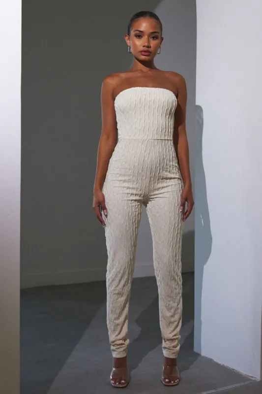 The textured bandeau jumpsuit- Cream sold by MARS THE LABEL