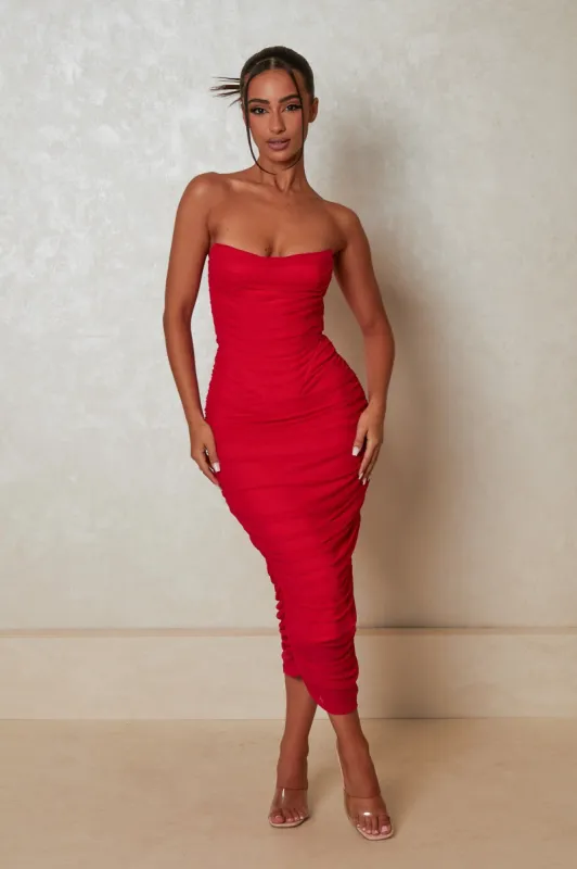 The Ruched Strapless Midaxi - Red sold by MARS THE LABEL