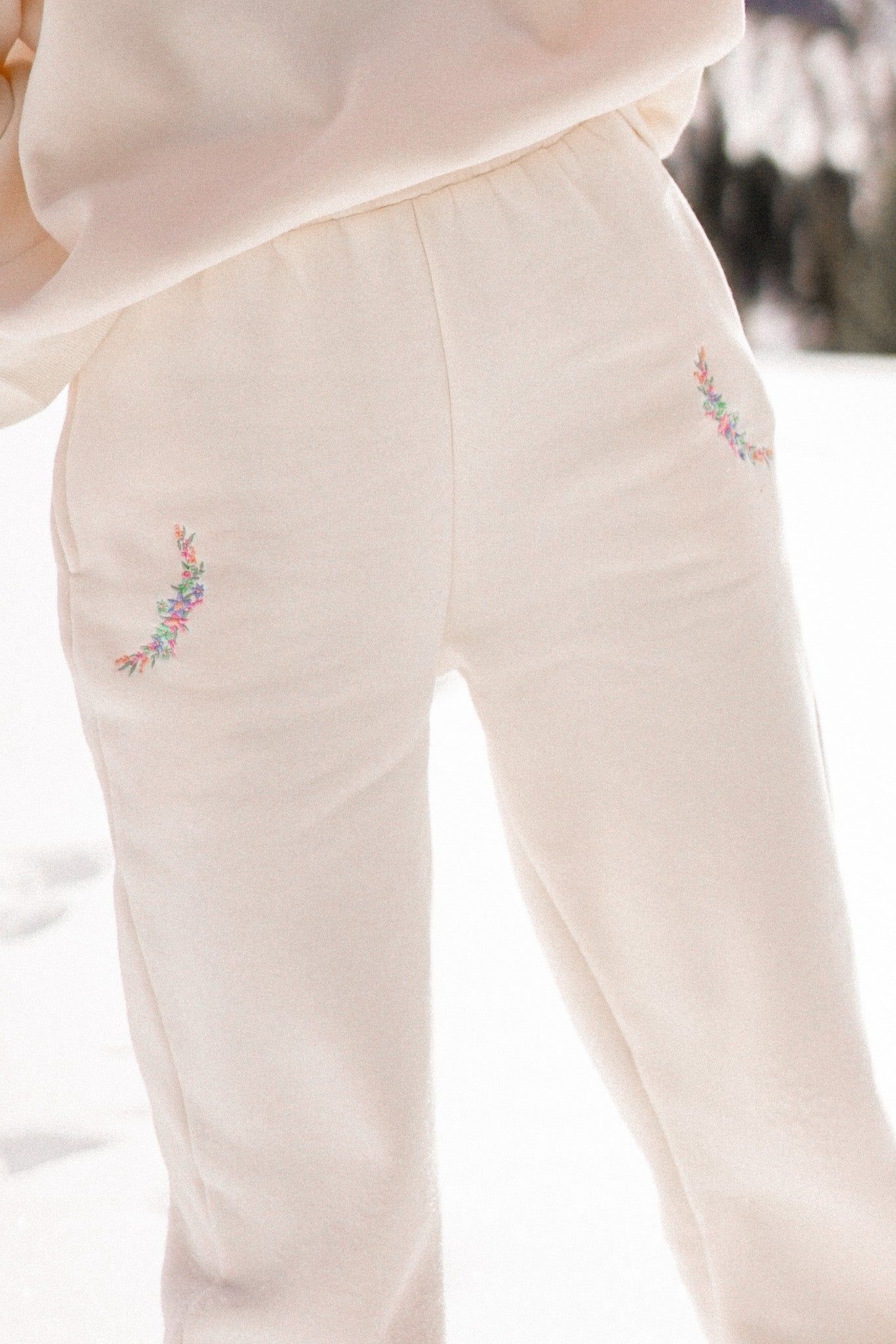 Floral Embroidered Ecru Joggers sold by YLLW