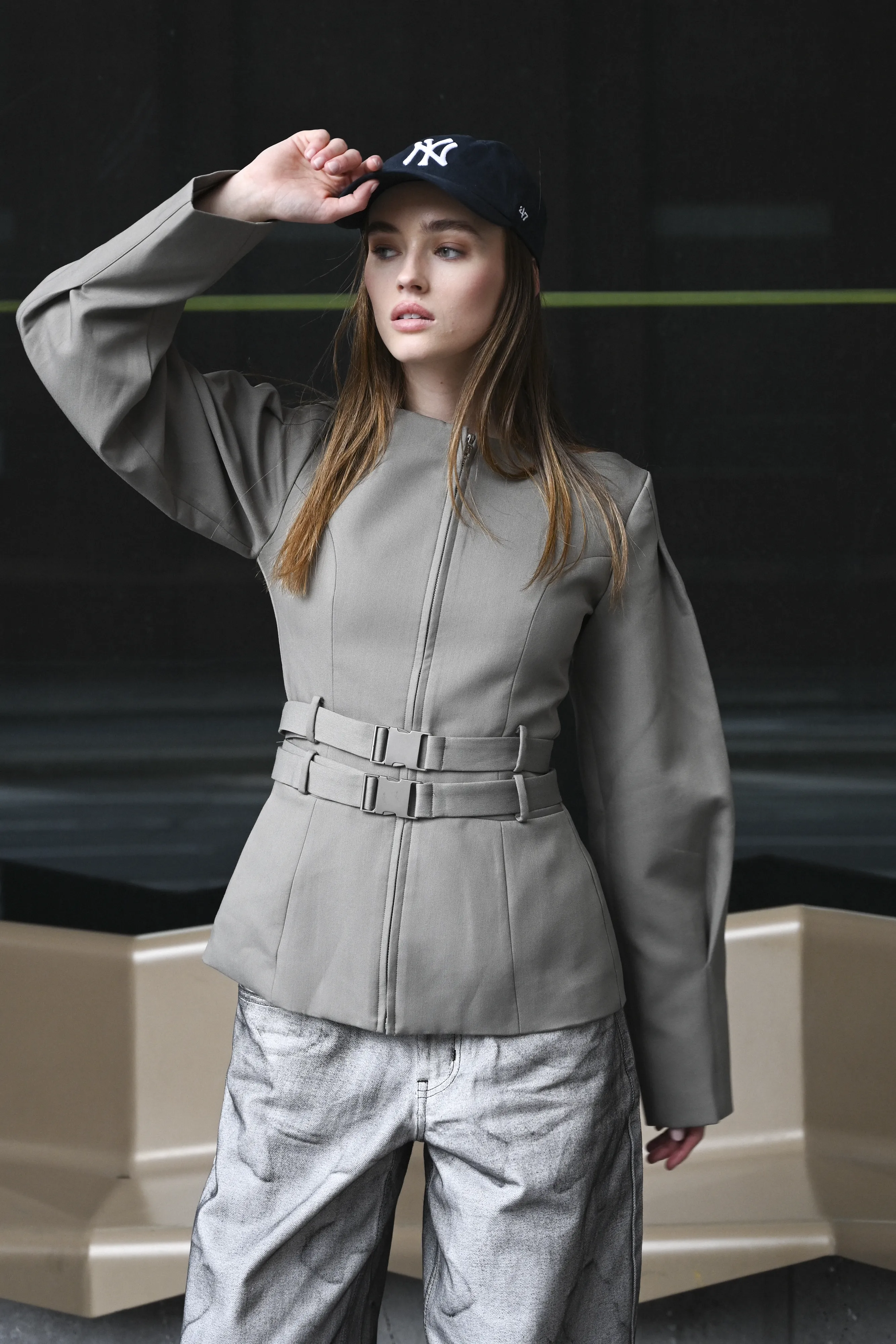 Vyana Belted Jacket — Slate sold by YLLW