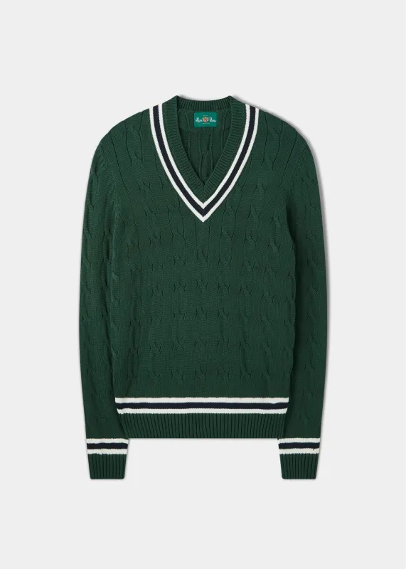 Sandridge Cable Knit Cricket Jumper In AP Green & Dark Navy sold by Alan Paine