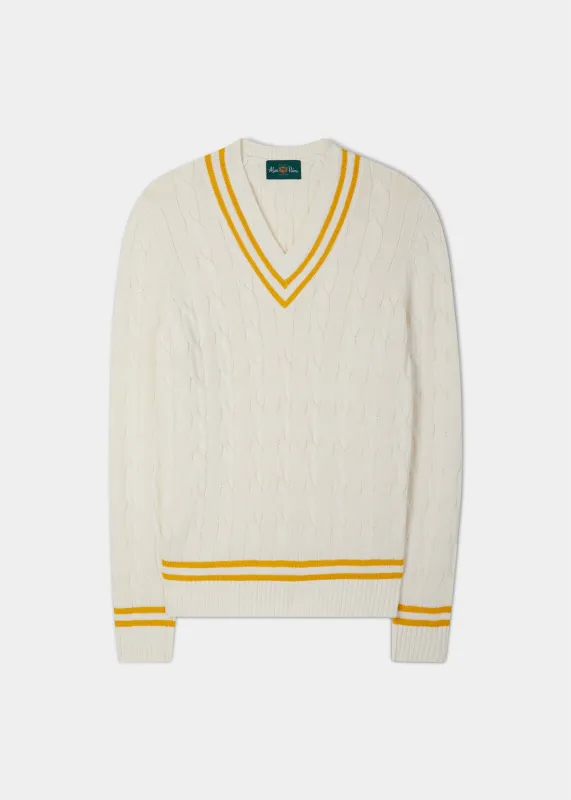 Sandridge Cable Knit Cricket Jumper In Ecru & Gold sold by Alan Paine
