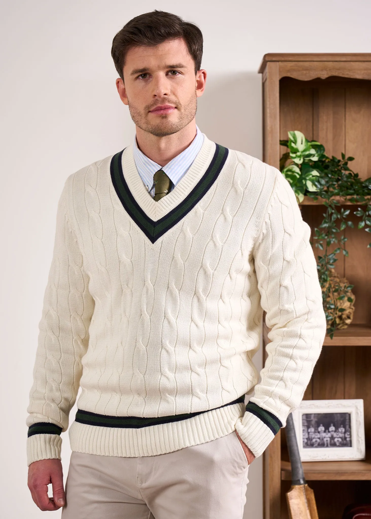 Sandridge Cable Knit Cricket Jumper In Ecru & AP Green sold by Alan Paine product image thumbnail 5