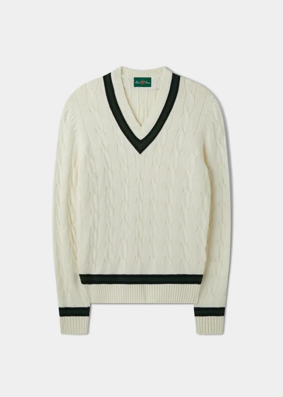 Sandridge Cable Knit Cricket Jumper In Ecru & AP Green sold by Alan Paine