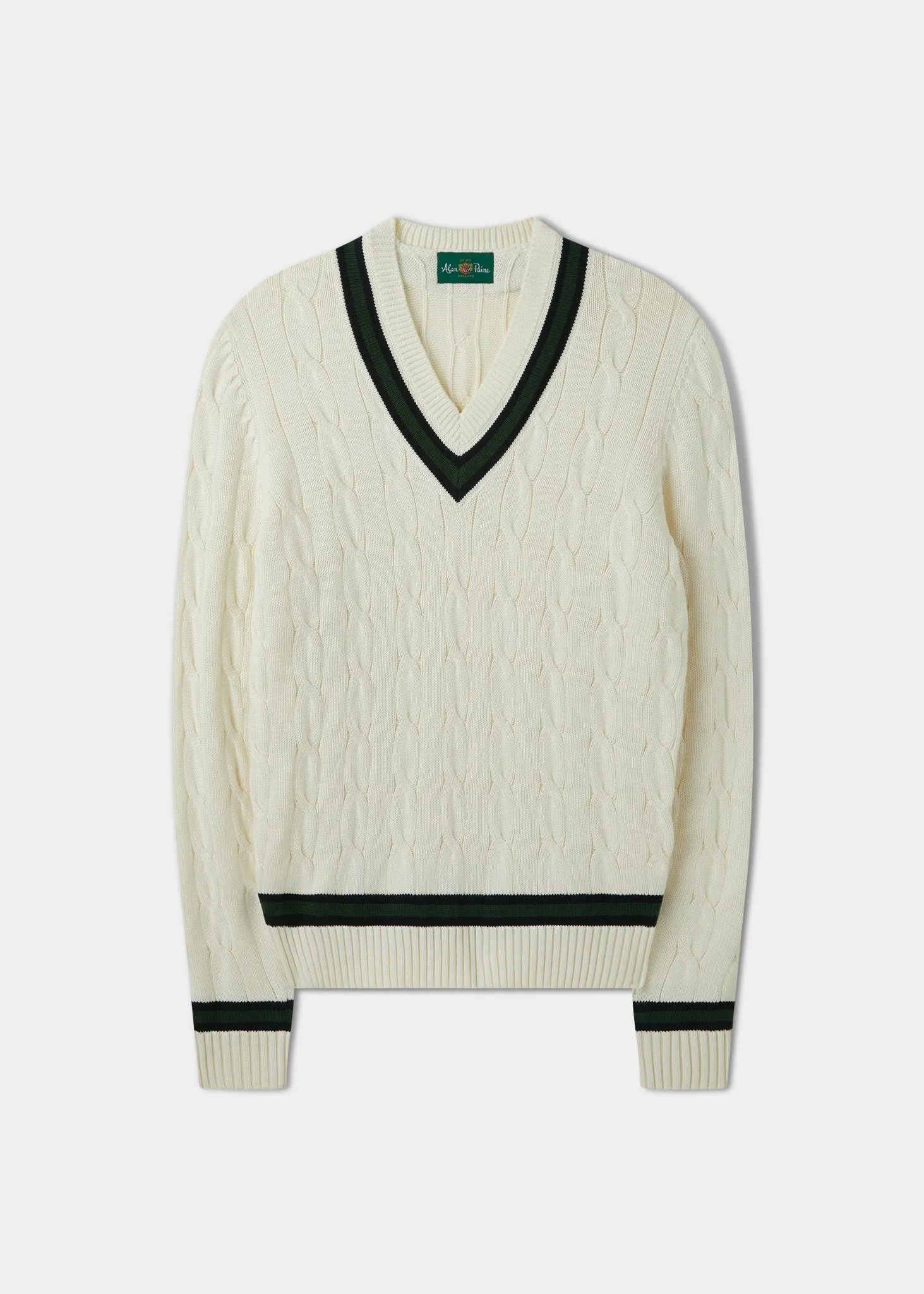 Sandridge Cable Knit Cricket Jumper In Ecru & AP Green sold by Alan Paine