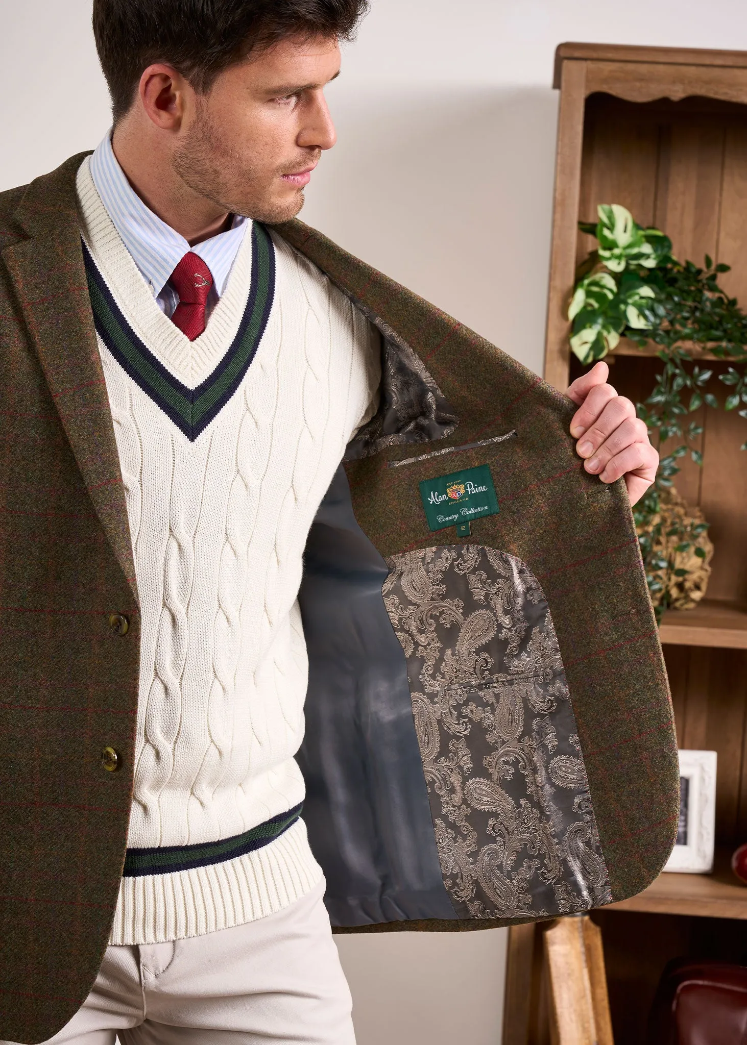 Sandridge Cable Knit Cricket Jumper In Ecru & AP Green sold by Alan Paine product image thumbnail 3