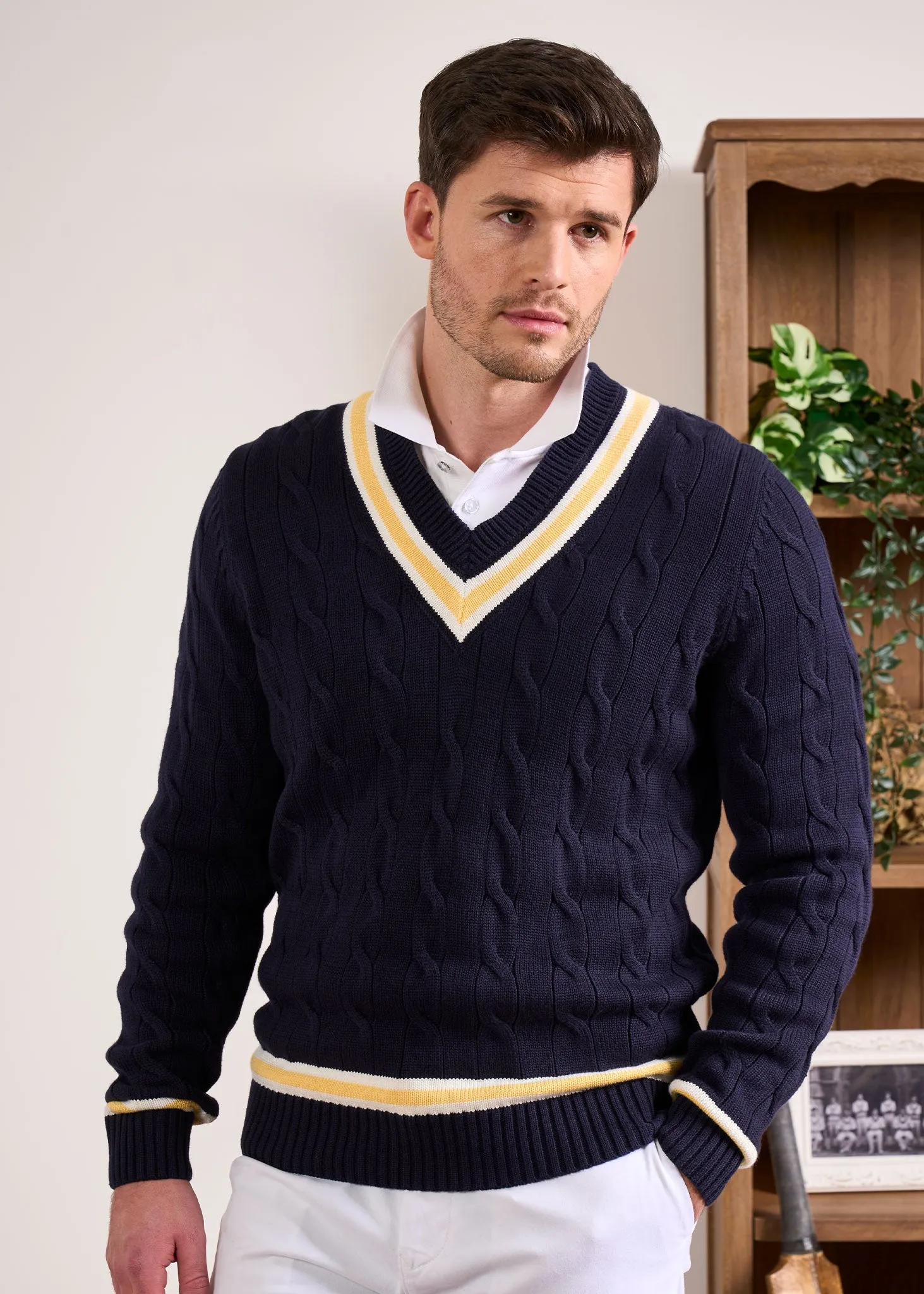 Sandridge Cable Knit Cricket Jumper In Dark Navy & Sun sold by Alan Paine product image thumbnail 3