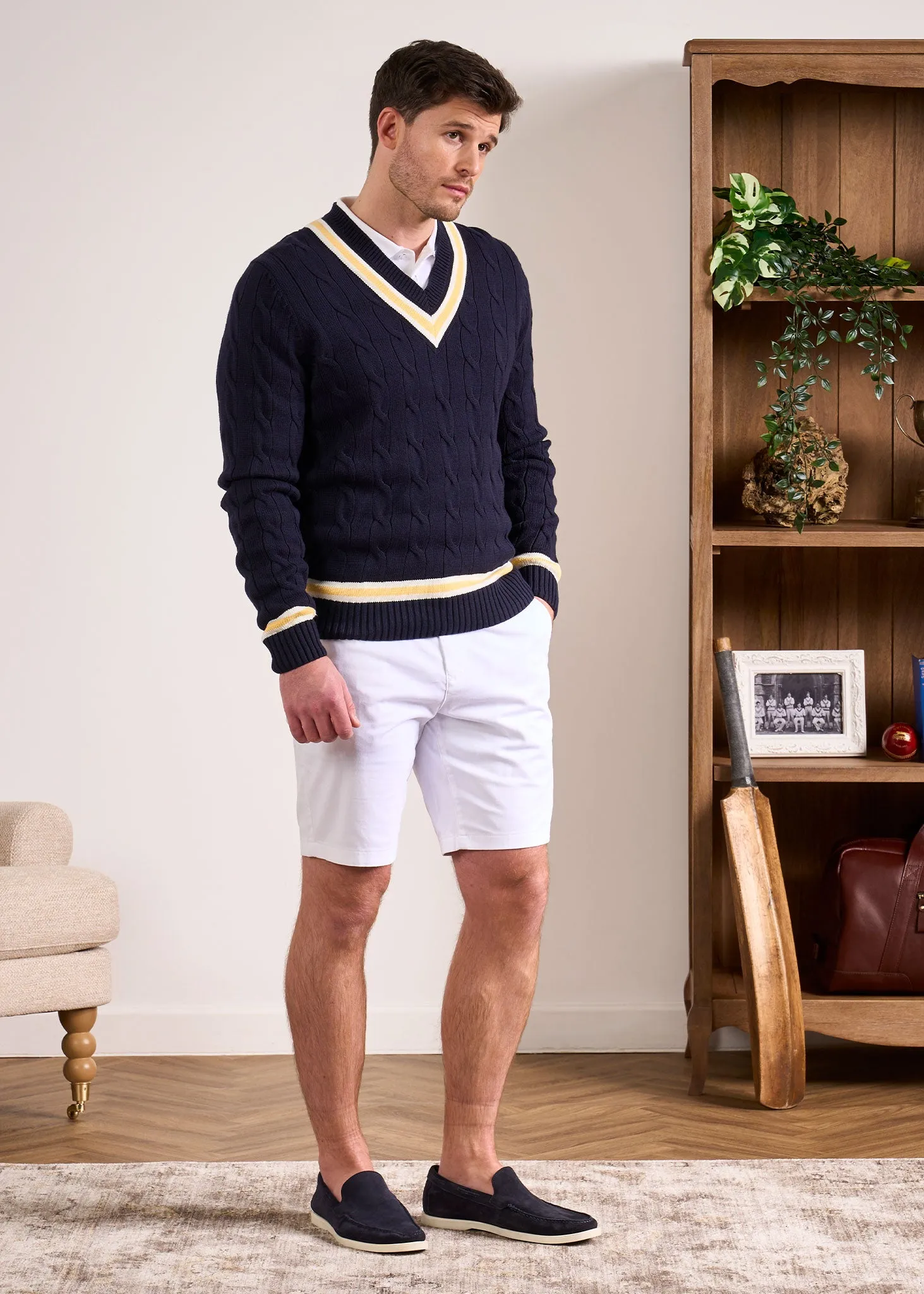 Sandridge Cable Knit Cricket Jumper In Dark Navy & Sun sold by Alan Paine product image thumbnail 4