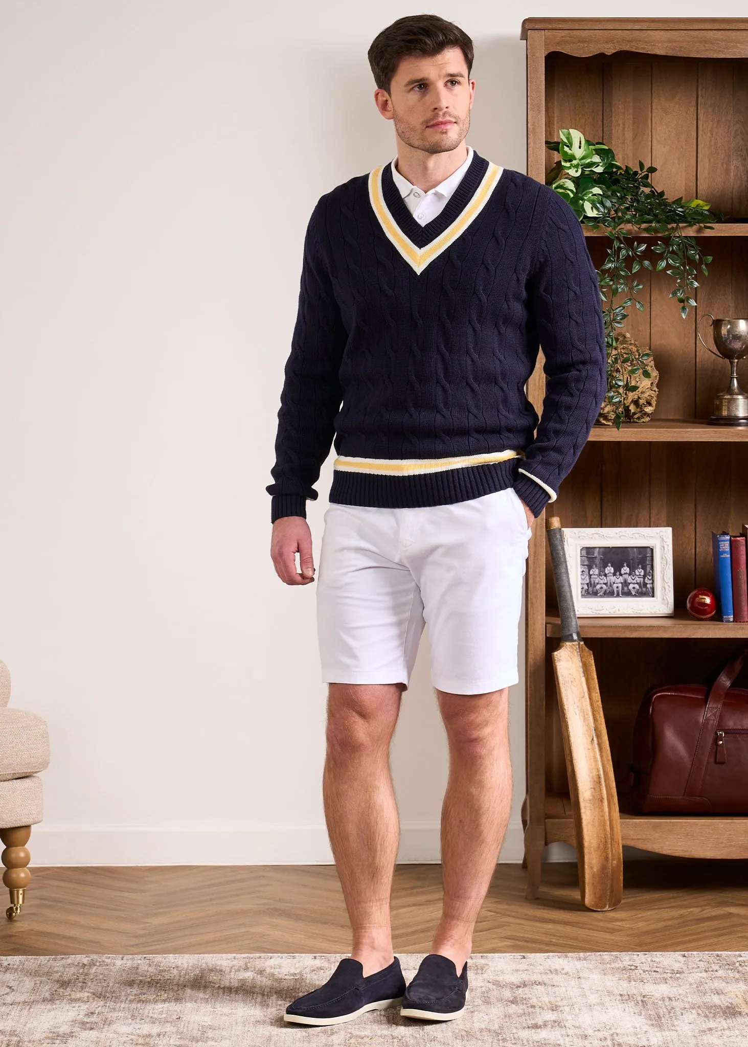 Sandridge Cable Knit Cricket Jumper In Dark Navy & Sun sold by Alan Paine product image thumbnail 5