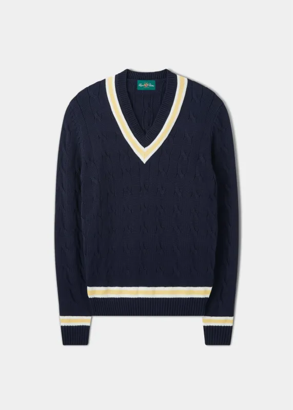 Sandridge Cable Knit Cricket Jumper In Dark Navy & Sun sold by Alan Paine