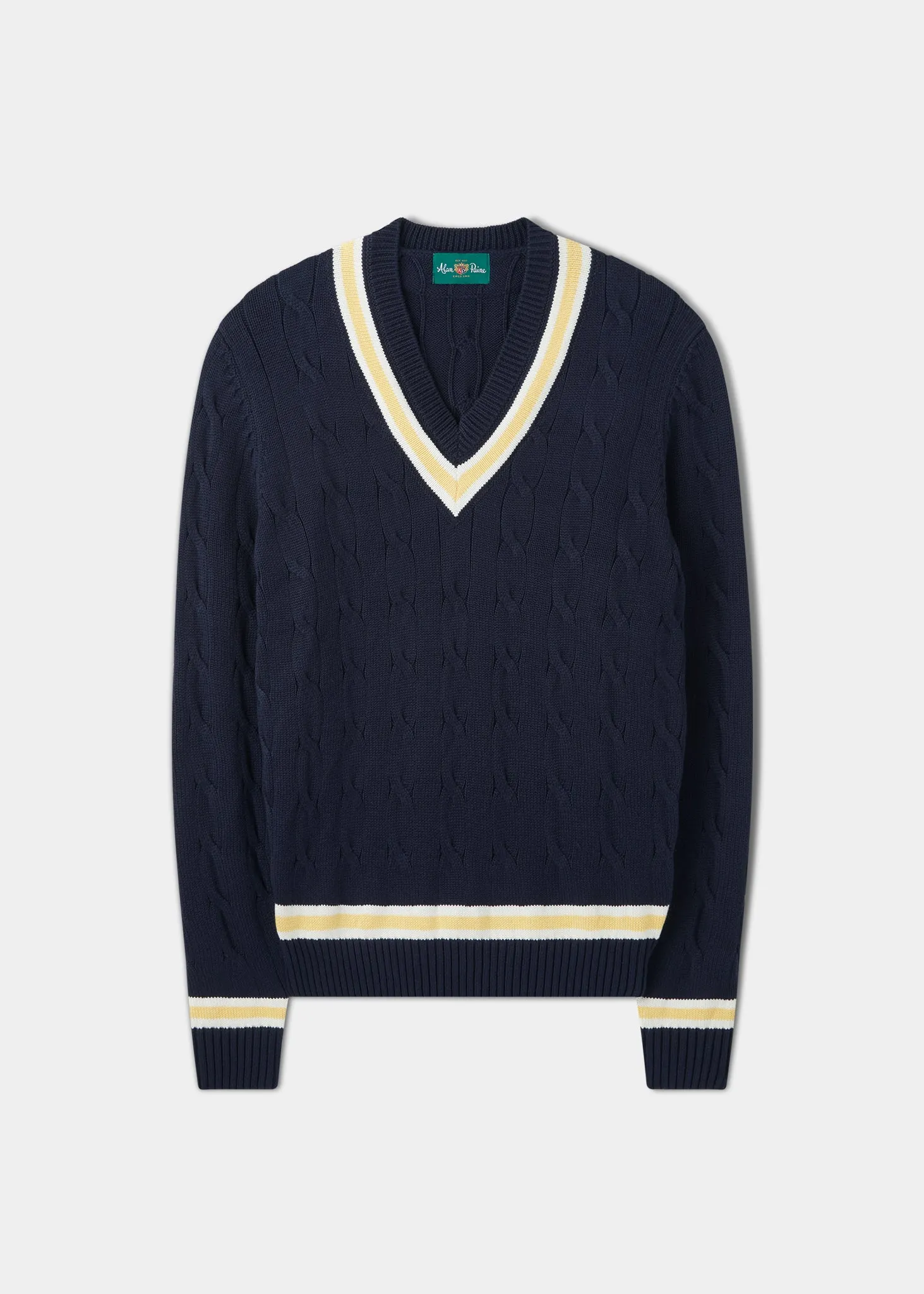 Sandridge Cable Knit Cricket Jumper In Dark Navy & Sun sold by Alan Paine