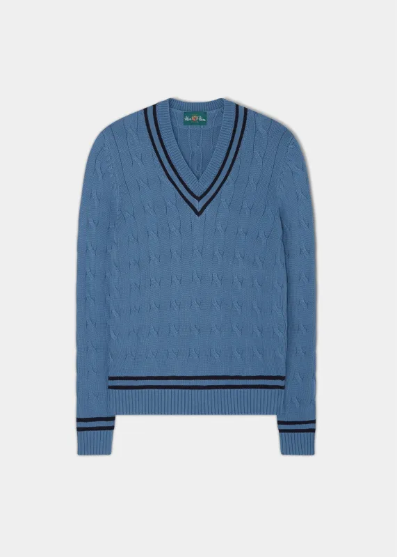 Sandridge Cable Knit Cricket Jumper In Airforce & Dark Navy sold by Alan Paine