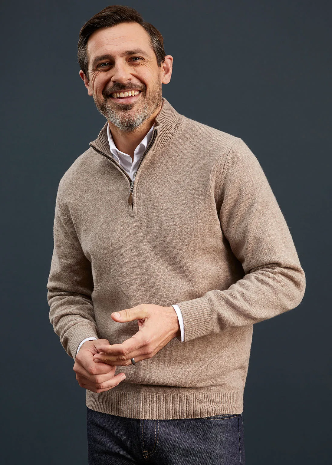 Men's Lambswool 1/4 Zip Jumper in Mushroom - Regular Fit sold by Alan Paine product image thumbnail 3