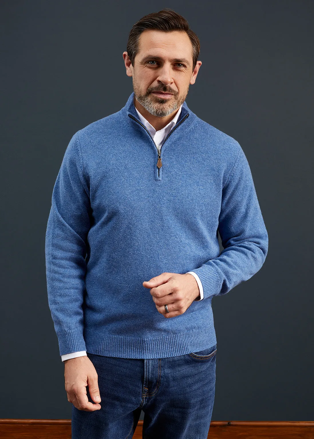 Men's Lambswool 1/4 Zip Jumper in Jeans - Regular Fit sold by Alan Paine product image thumbnail 3