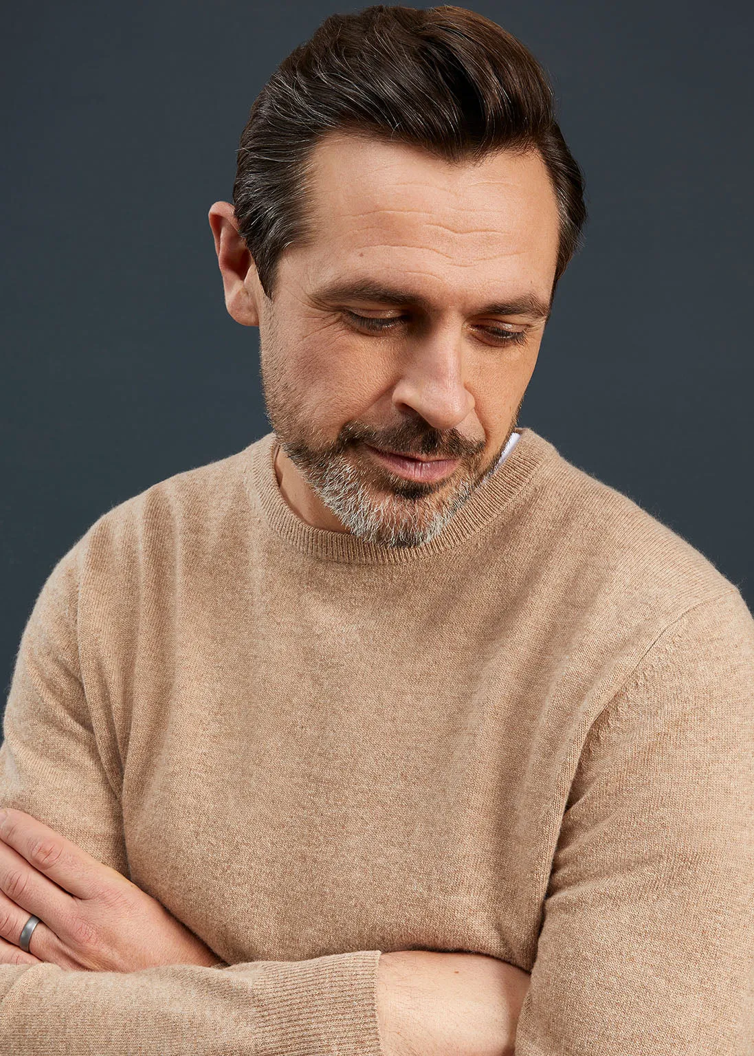 Men's Geelong Lambswool Crew Neck Jumper In Beige - Regular Fit sold by Alan Paine product image thumbnail 5