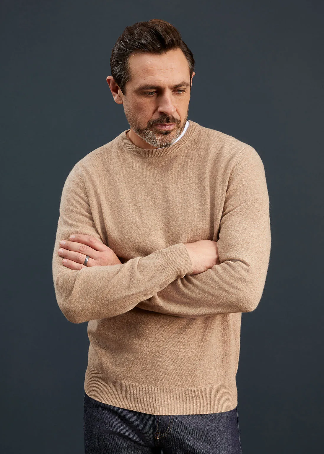 Men's Geelong Lambswool Crew Neck Jumper In Beige - Regular Fit sold by Alan Paine product image thumbnail 2