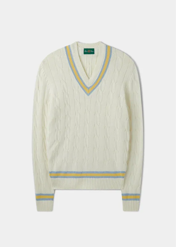 Sandridge Cable Knit Cricket Jumper In Ecru & Sun sold by Alan Paine