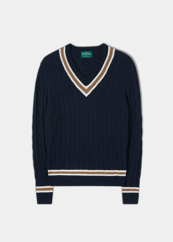 Grafton Men's Merino Wool Cable Cricket Jumper In Navy - Regular Fit made by Alan Paine