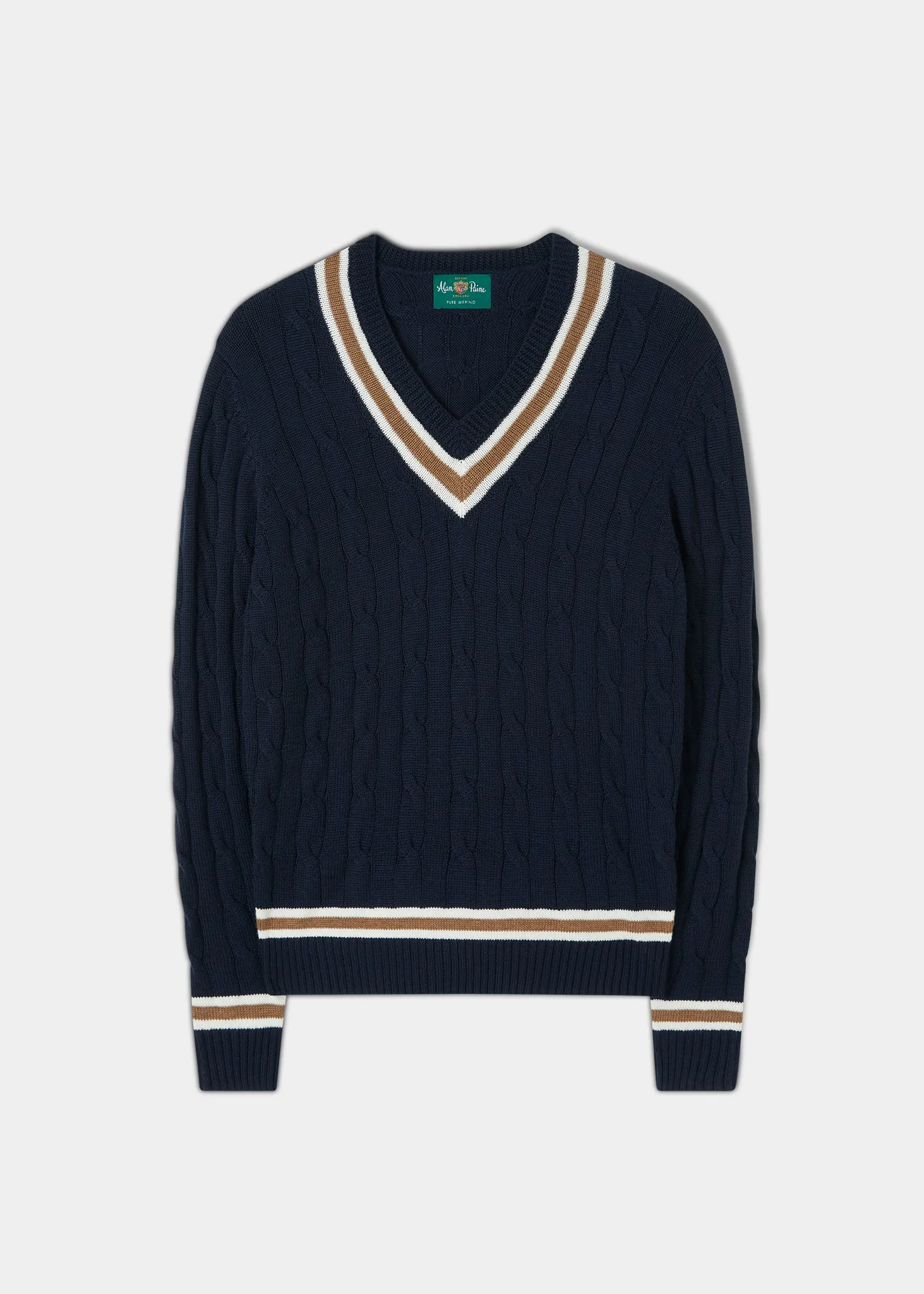 Grafton Men's Merino Wool Cable Cricket Jumper In Navy - Regular Fit sold by Alan Paine