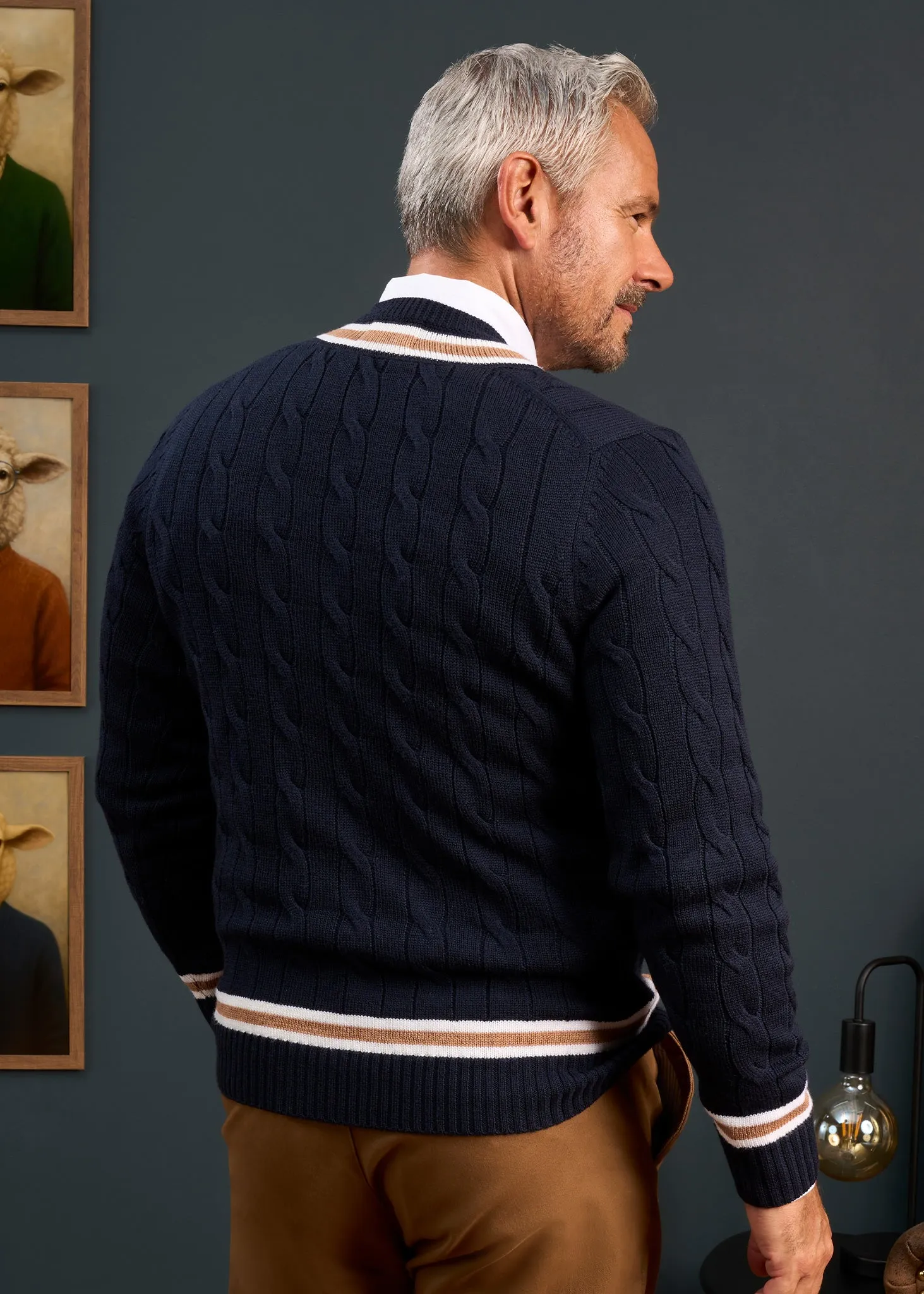 Grafton Men's Merino Wool Cable Cricket Jumper In Navy - Regular Fit sold by Alan Paine product image thumbnail 5