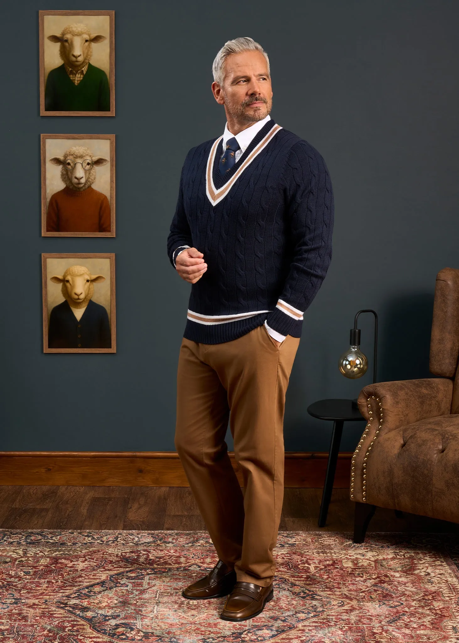 Grafton Men's Merino Wool Cable Cricket Jumper In Navy - Regular Fit sold by Alan Paine product image thumbnail 3