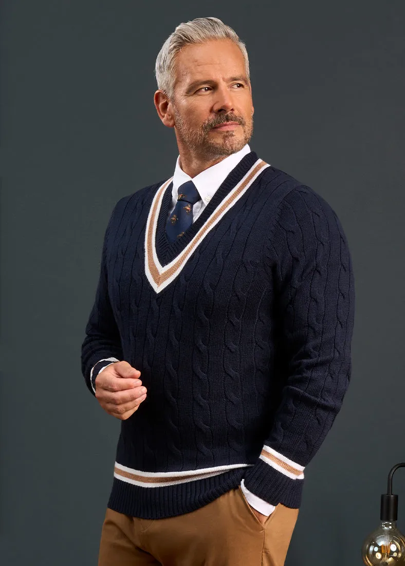 Grafton Men's Merino Wool Cable Cricket Jumper In Navy - Regular Fit sold by Alan Paine product image thumbnail 2
